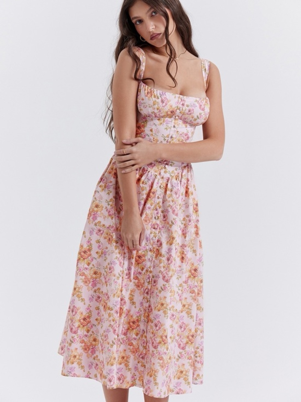 House of CB Tatiana pink print  Midi sundress with Sweetheart Neckline